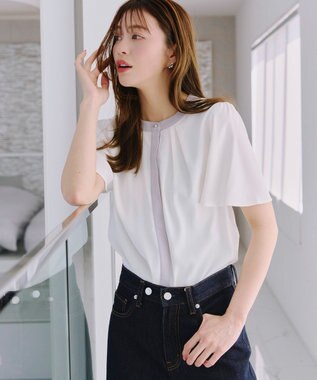 Tiaclasse L 【新色追加・洗える】フロントタック配色ブラウス オフ×グレー