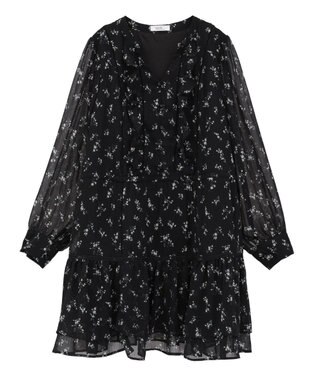 earth music&ecology フラワー楊柳ティアードミニワンピース Black
