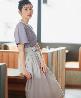 Tiaclasse L 【新色追加・洗える】フロントタック配色ブラウス サックス×オフ