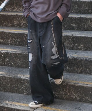 WEGO ダブルニーダメージデニムパンツ デニムブラックソノタ