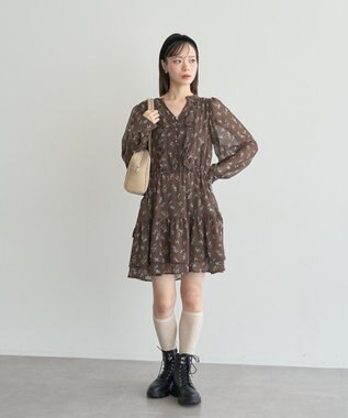 earth music&ecology フラワー楊柳ティアードミニワンピース Brown