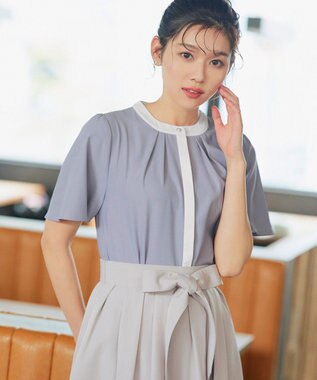 Tiaclasse L 【新色追加・洗える】フロントタック配色ブラウス サックス×オフ