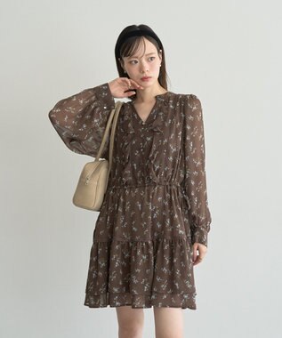 earth music&ecology フラワー楊柳ティアードミニワンピース Brown