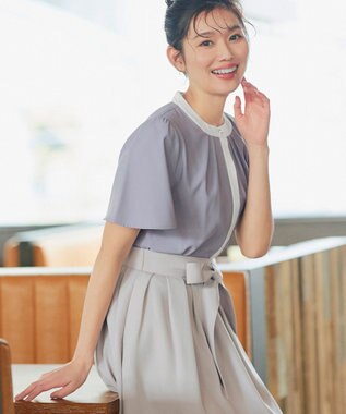 Tiaclasse L 【新色追加・洗える】フロントタック配色ブラウス サックス×オフ