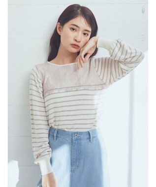 earth music&ecology レースボーダーニットプルオーバー Pink Beige