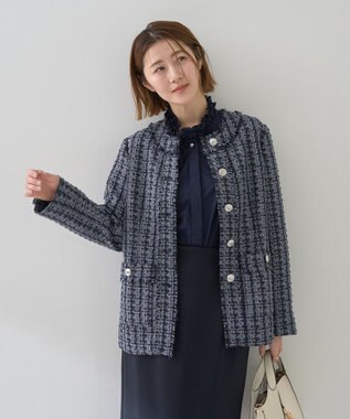 YECCA VECCA ノーカラーツイードジャケット Blue