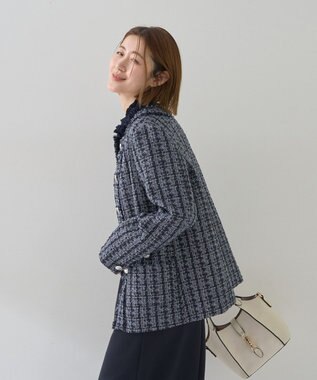 YECCA VECCA ノーカラーツイードジャケット Blue