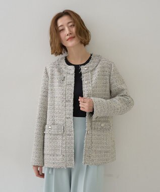 YECCA VECCA ノーカラーツイードジャケット Gray