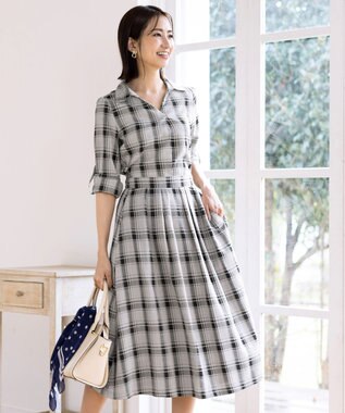 Tiaclasse L 【洗える】小顔効果も期待できるスキッパーシャツワンピース グレージュチェック