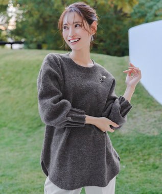 Tiaclasse 袖タックニットプルオーバー チャコールグレー