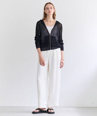 BEIGE， OPTICAL / ペーパーヤーンフーディージップニット Navy