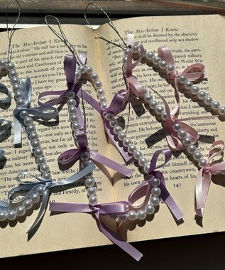 WEGO リボンパールストラップキーホルダー パープル