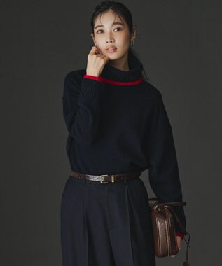 【洗える】ウールカシミヤ コンビカラー オフタートル ニット