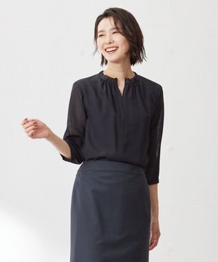 J.PRESS LADIES シャドーストライプ スリットフリルネック カットソー ネイビー系