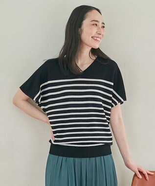 ANY L 【洗濯機可/UVケア/アンチピリング】アクリルガーター バタフライスリーブニット クロベース×オフライン