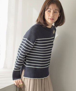組曲 L 【WEB限定】ハイネック ゆるボーダーニット ネイビー×オフ系1