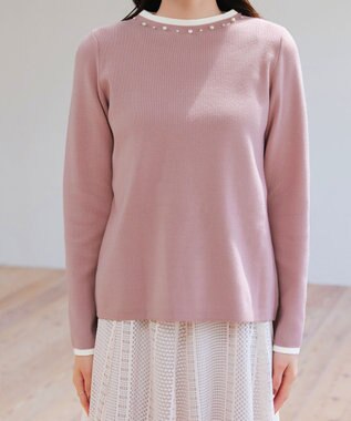 Tiaclasse L 【洗える】襟パール配色ニットトップス ピンク