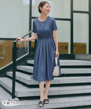 Tiaclasse 【おのののかさん着用】半袖&長袖選べる袖丈・タックフレアワンピース 半袖ブルー