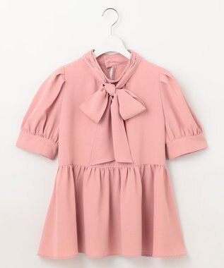 Feroux 【洗える】ペプラム ボウタイブラウス ピンク系