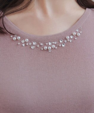 Tiaclasse L 【洗える】ビジュー付きフレンチニット ピンク