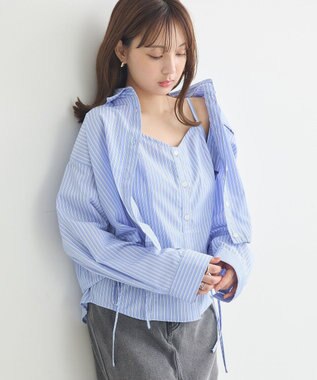 earth music&ecology Ｓｅｔ２点　ドロストショートシャツ＋キャミブラウス Light Blue
