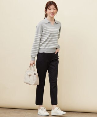 ANY SIS 【洗える】スキッパーポロ襟プルオーバー ニット グレー×オフ