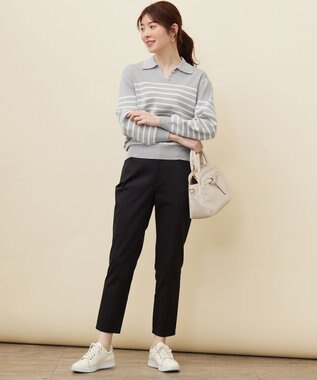 ANY SIS 【洗える】スキッパーポロ襟プルオーバー ニット グレー×オフ