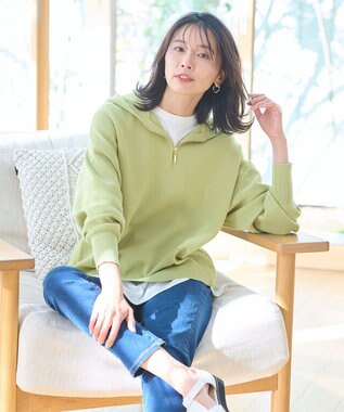 ANY 【洗濯機可】ハーフジップアップ ニットフーディ グリーン