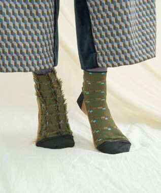 COQ 【MEN】BLOCK FLAG チェック リバーシブルファーソックス カーキ