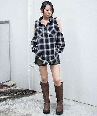 WEGO オープンショルダーチェックBIGシャツ ブラック