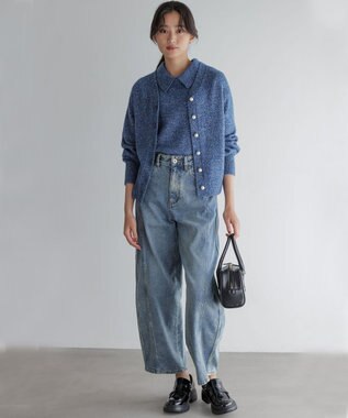 組曲 【加藤ローサさん着用 / 襟取り外し可】スパンコールヤーン 5分袖ニット ブルー系