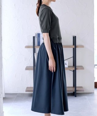 Tiaclasse L 【洗える】ニットドッキングワンピース チャコールグレー×ネイビー