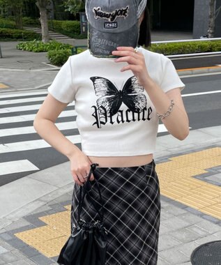 WEGO バタフライプリントリブT ホワイト