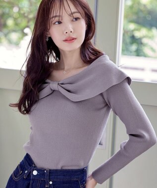 Tiaclasse リボン衿リブニットトップス ラベンダー