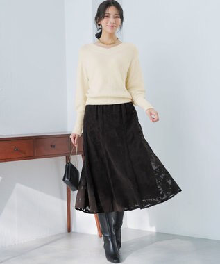 ANY SIS 【2SET】フェザー ニット × フロッキー スカート アイボリー×ブラウン