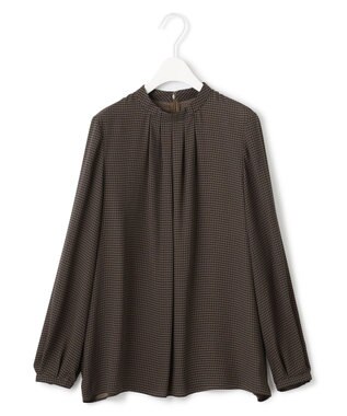 ICB 【接触冷感・UVケア・速乾・洗える】BackSatinAmunzen ハイネックブラウス コーヒーベース柄系