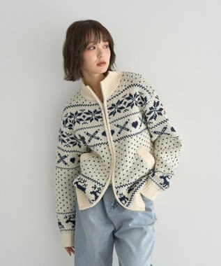 earth music&ecology ダブルzipノルディックカウチンニットカーディガン アイボリー