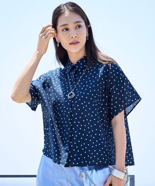 自由区 【WEB&一部店舗限定・サラリ触感】コットンサッカープリント シャツ ネイビー×オフ
