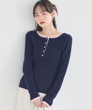 earth music&ecology バイカラーヘンリーネックニットプルオーバー Navy