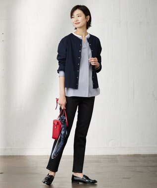 J.PRESS LADIES L ピンストライプジャージー バンドカラー スキッパー カットソー ライトグレー系1