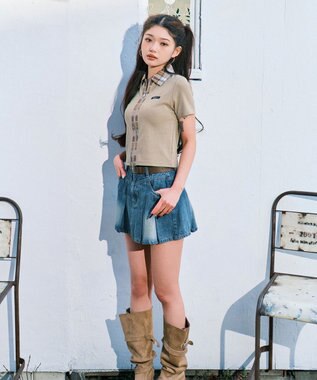 WEGO ベルト付きウォッシュドデニムミニスカパン デニム中濃色