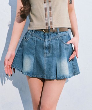 WEGO ベルト付きウォッシュドデニムミニスカパン デニム中濃色