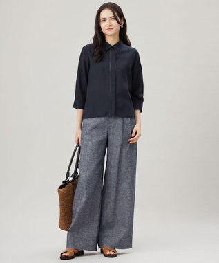 自由区 【ドラマ「明日はもっと いい日になる」着用】【接触冷感・吸水速乾・洗える】ナチュラルリネンクロップド丈 シャツ ネイビー