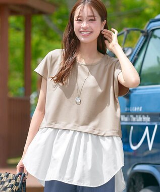 Tiaclasse 【洗える】シャツドッキングフレンチスリーブカットソー ベージュ