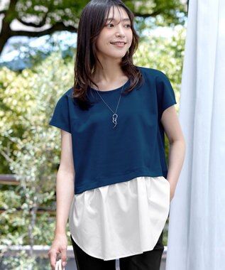 Tiaclasse 【洗える】シャツドッキングフレンチスリーブカットソー ターコイズ