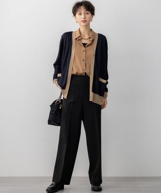 23区 L 【洗える】サステナブルウール Vネック バイカラー カーディガン ネイビー×キャメル