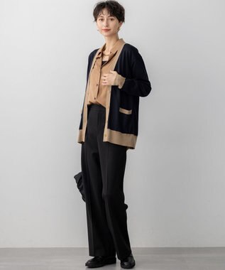 23区 S 【洗える】サステナブルウール Vネック バイカラー カーディガン ネイビー×キャメル