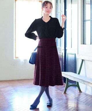 Tiaclasse L ベロアラインツイードスカート ワインレッド