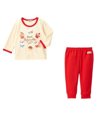 MIKI HOUSE HOT BISCUITS 【80-120cm】 カップケーキ柄 ミニ裏毛 ルームウェア上下セット 赤