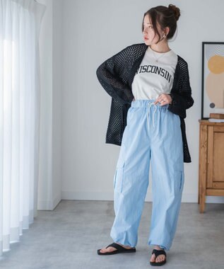 WEGO 【ウエストゴム】ナイロンイージーワイドカーゴパンツ サックス